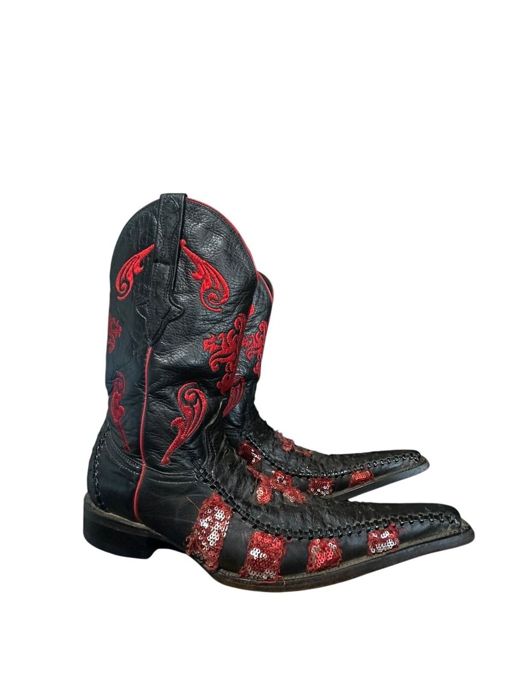 Aguila Real Mens Cowboy Boots Size 7 Black Leather Red Sequin Cross Pointed Toe